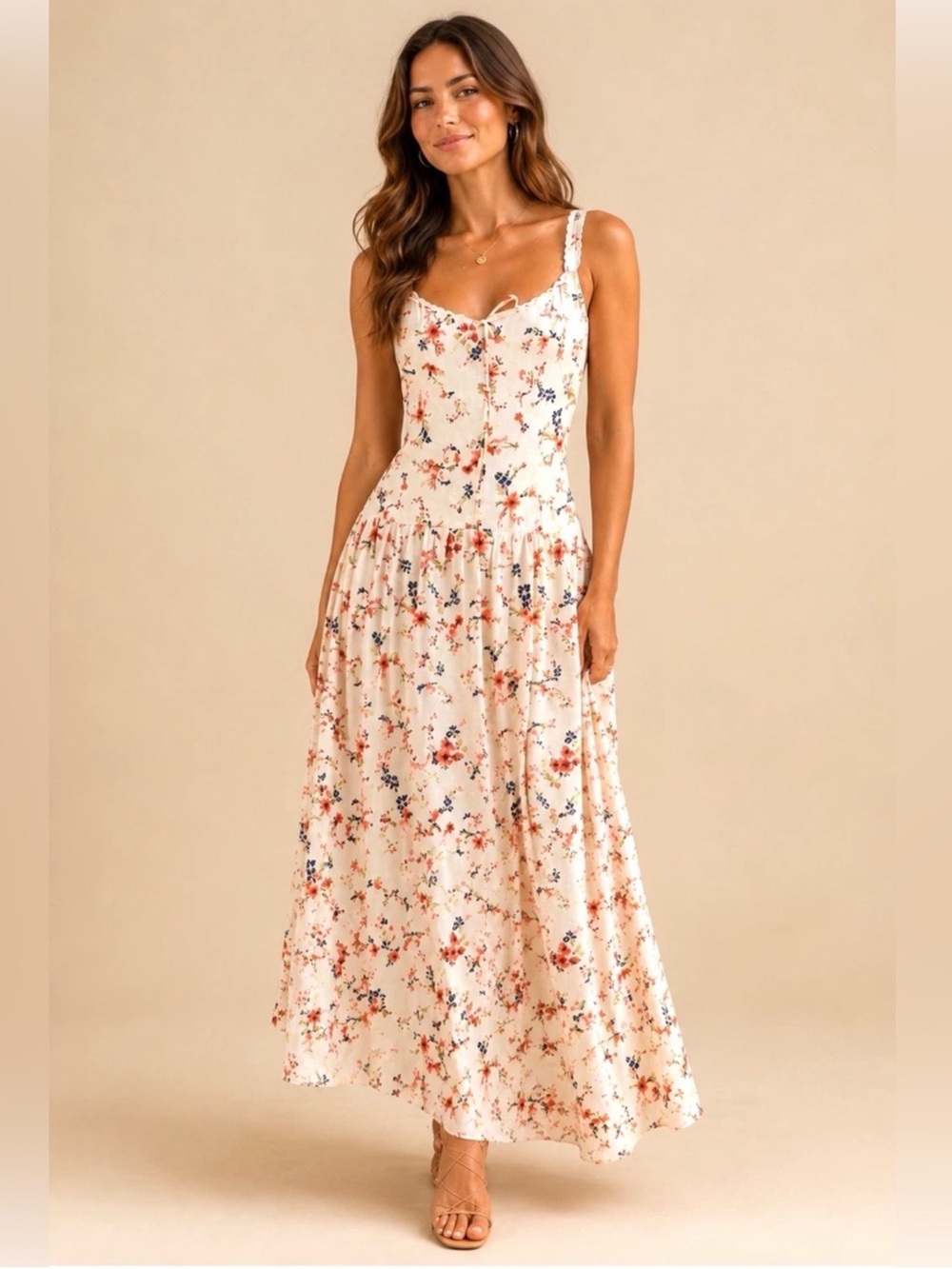 Caroline Constas Creamy Floral Adjustable Strap Linen Blend Maxi Dress